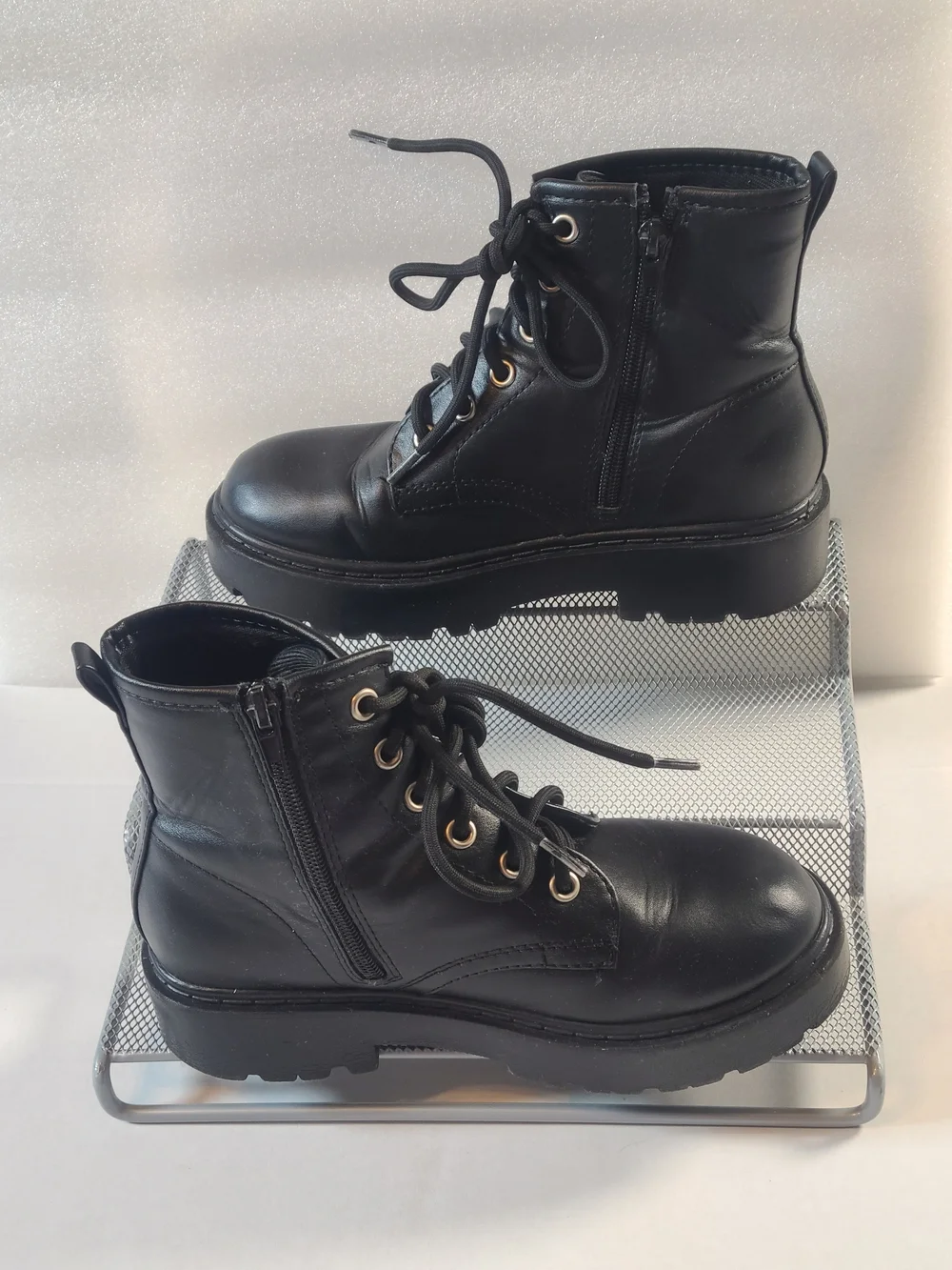 Kids Black Lace-Up Ankle Boots with Side Zipper